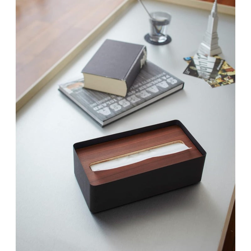 Modern Rectangular Tissue Box Holder with Walnut Wood Lid - Steel Frame & Natural Wood Finish, Black & Brown Tissue Dispenser Organizer with Top Storage Shelf for Bathroom, Living Room, Office - Durable Metal & Wood Construction, Space-Saving Design,