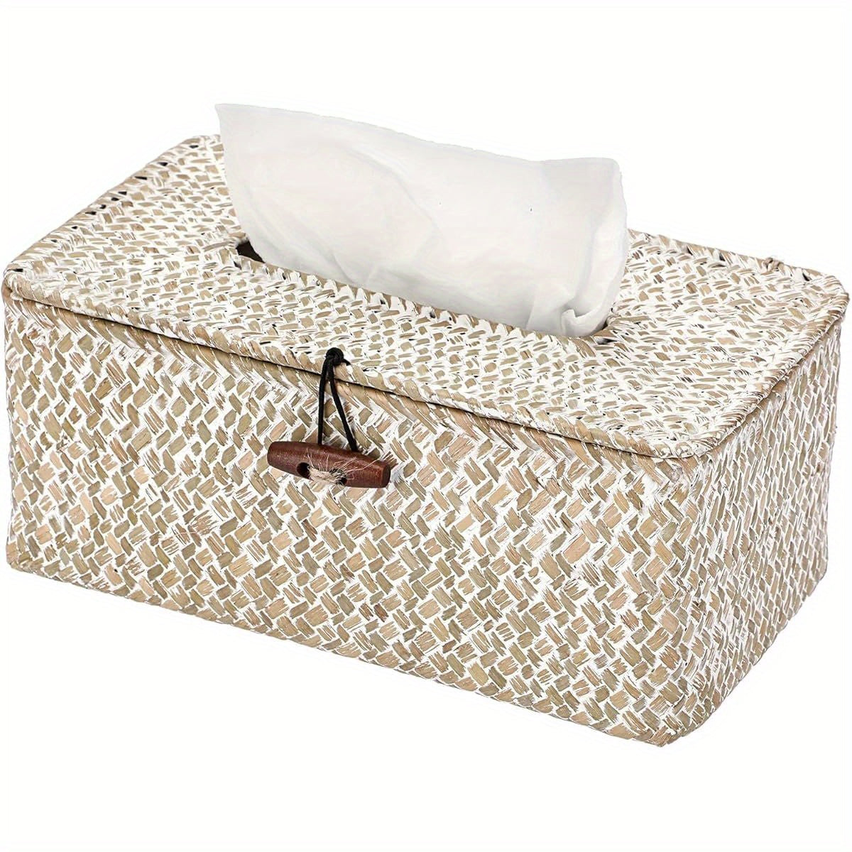 Tissue Box Cover Rectangle Seagrass Tissue Box, Woven Tissue Box Holder with Lid, Farmhouse Tissue Cover for Bathroom Toilet Living Room Bedroom Kitchen Table Desk Office, Whitewash