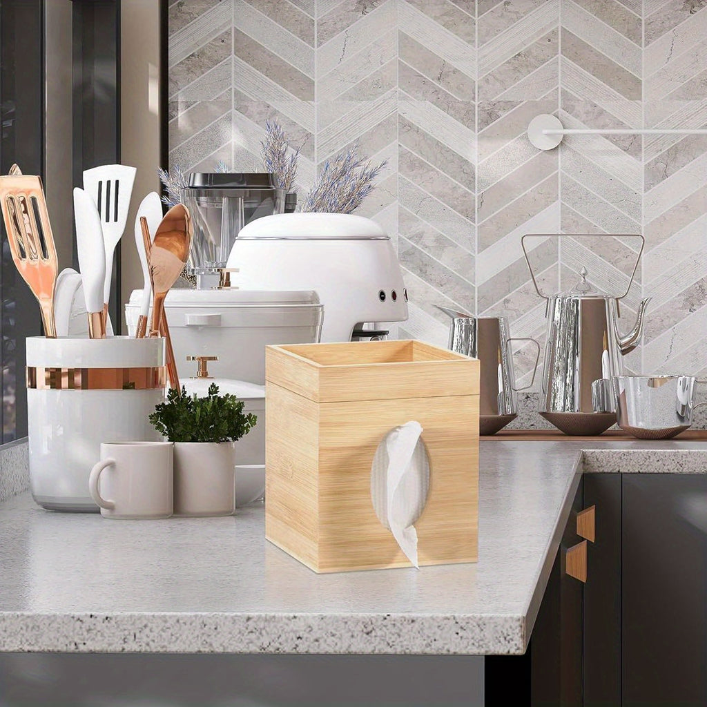 Bamboo Tissue Box Cover with Storage Tray - 6"x6"x7, 4" Square Plastic Holder for Bathroom, Bedroom, Office & Tabletop - Durable Rectangular Design with Secure Lid, Space-Saving Organizer for Tissues, Napkins & Small Items, Bathroom Organizers And