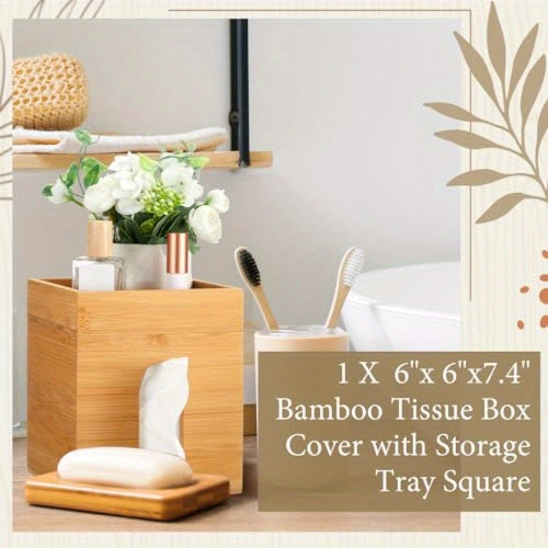 Natural Bamboo Tissue Box Cover with Removable Storage Tray - Decorative Cube Organizer with Vertical Slats Design, Fits Standard 6x6 Tissues, Rustic Modern Holder for Bathroom, Bedroom, Office - Space-Saving Storage (7.4”H)