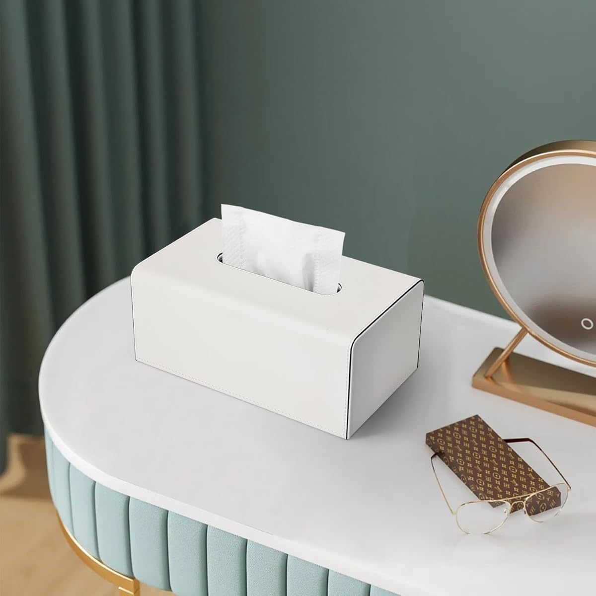 KINGFOM PU Leather Tissue Box Cover with Magnetic Closure - Modern Rectangular White Tissue Holder with Black Trim, Soft Flannel Lining & Sturdy Frame, Decorative Storage for Facial Tissues/Napkins, Fits Living Room, Office, Bedroom - Easy-Clean Surface,
