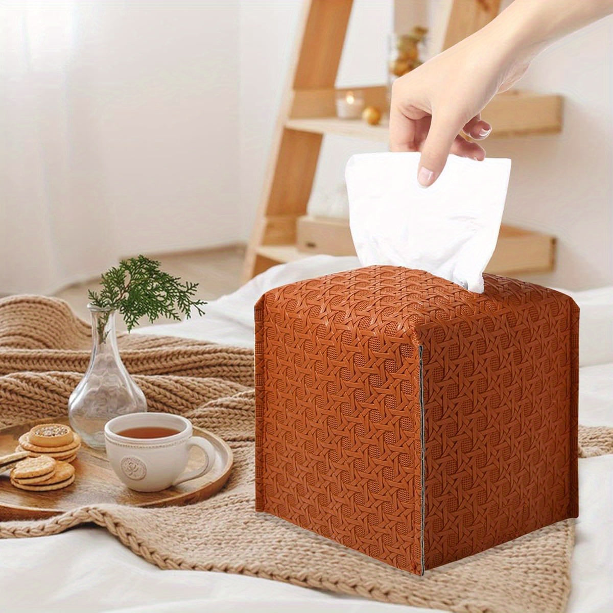 Elegant Square Tissue Box Cover with Textured Pattern - 5"x5"x5" Camel Design, Durable Plastic Bathroom Organizer for Tissues, Toiletries & Cosmetics, Toiletry Storage, Decorative Holder, Sturdy Construction