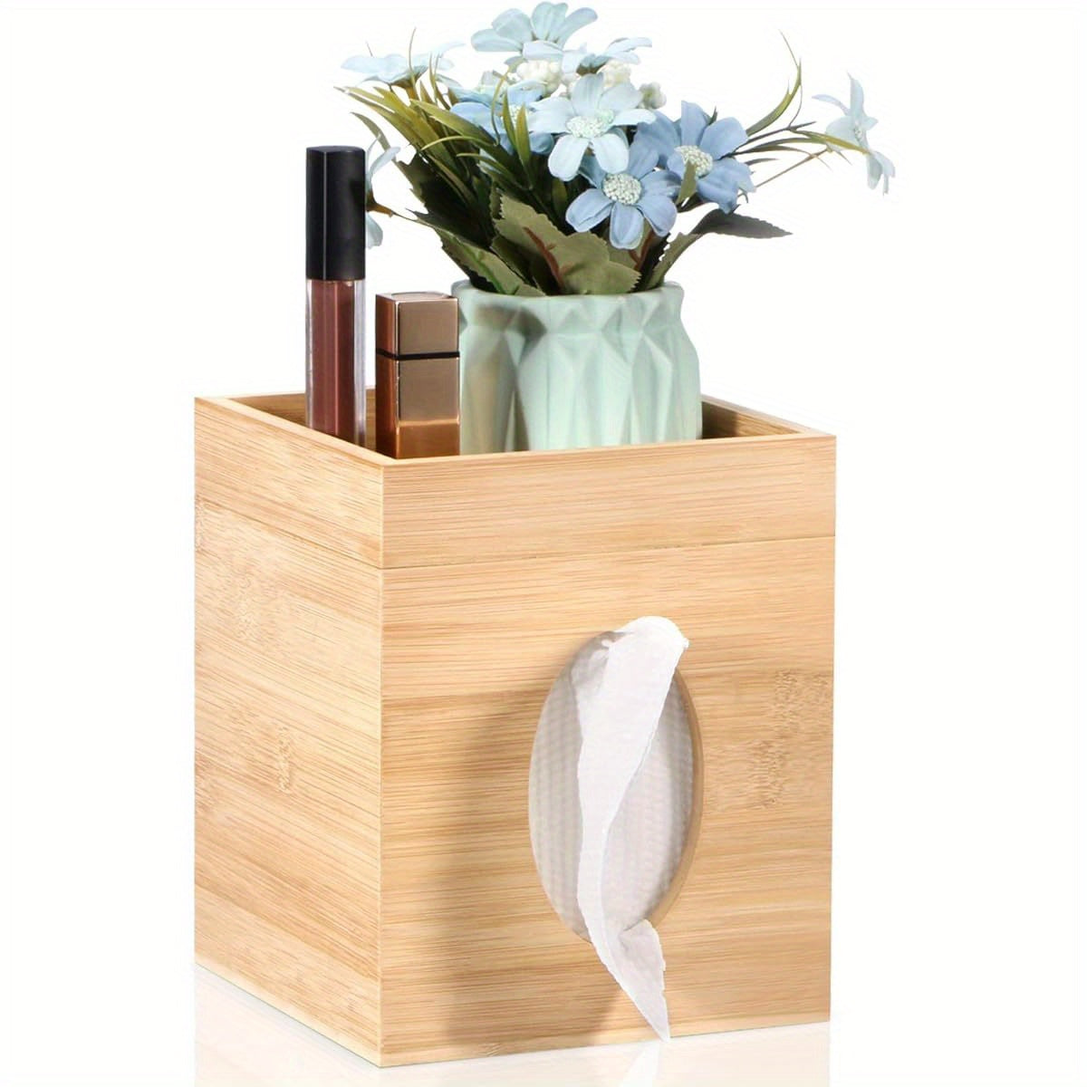 Bamboo Tissue Box Cover with Storage Tray - Square 6"x6"x7.4" Durable Plastic Holder for Bathroom, Bedroom, Office & Tabletop - High-Quality, Easy-Clean Design, Bathroom Organizer, Natural Aesthetic, Smooth Texture