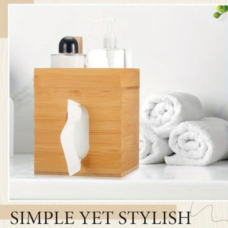 Natural Bamboo Tissue Box Cover with Removable Storage Tray - Decorative Cube Organizer with Vertical Slats Design, Fits Standard 6x6 Tissues, Rustic Modern Holder for Bathroom, Bedroom, Office - Space-Saving Storage (7.4”H)