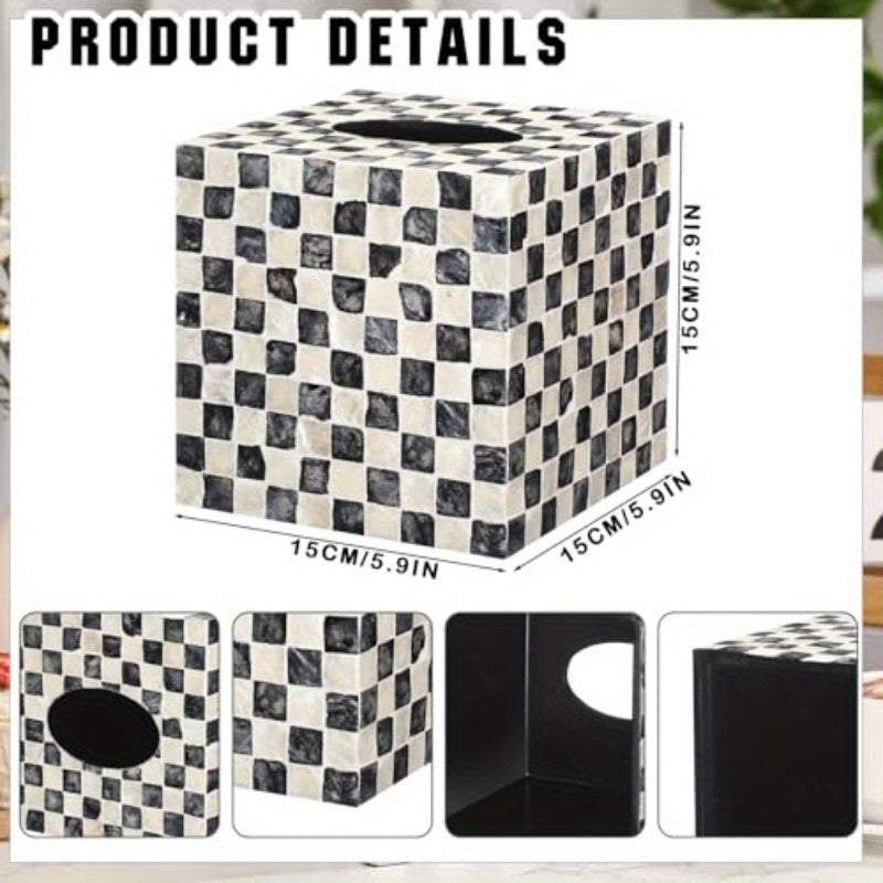 5.9 Inch Cube Tissue Box Cover - Elegant Black & White checkerboard pattern, Large Opening & Easy-Refill Design, Fits standard 5" tissue boxes - for Bathroom, Living Room, Office, Kitchen - Luxury Home Decor Organizer, Acacia Wood Construction
